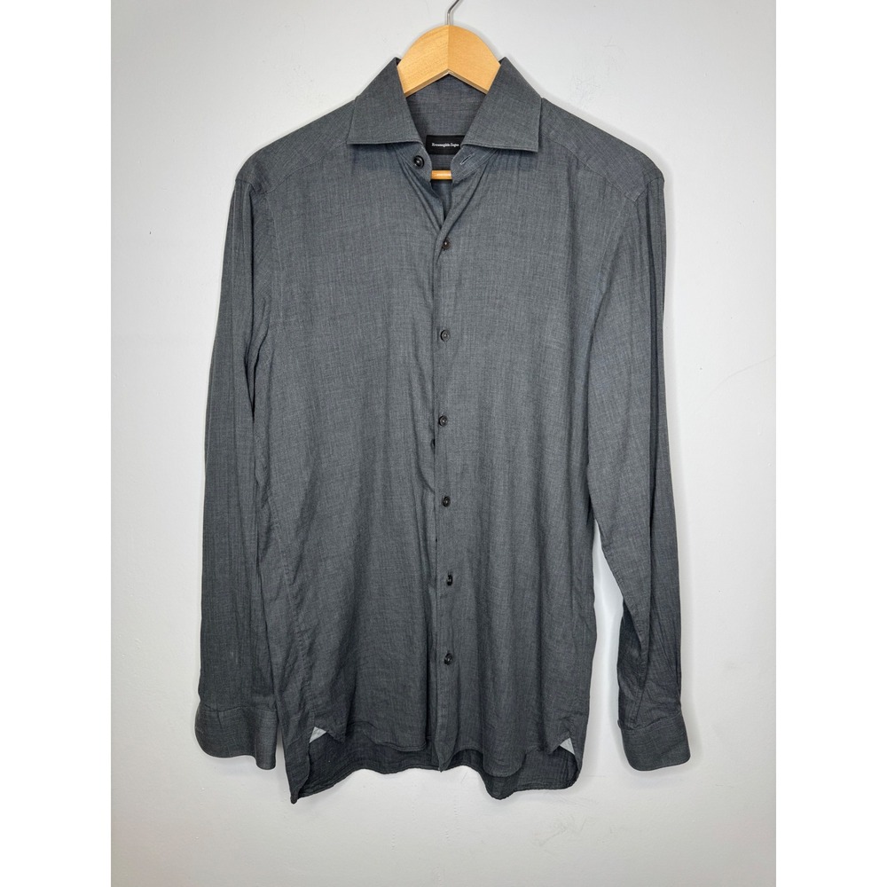 Ermenegildo Zegna Mens Grey Herringbone Cotton Long Sleeve Button Down Shirt
